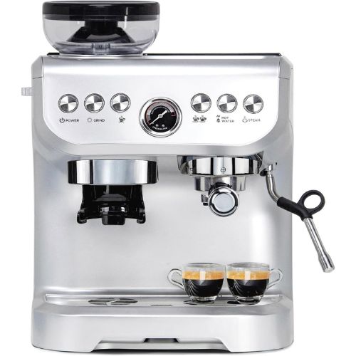 Espresso Machine 15 Bar with Milk Frother Steam Wand and Grinder Combo (Silver)