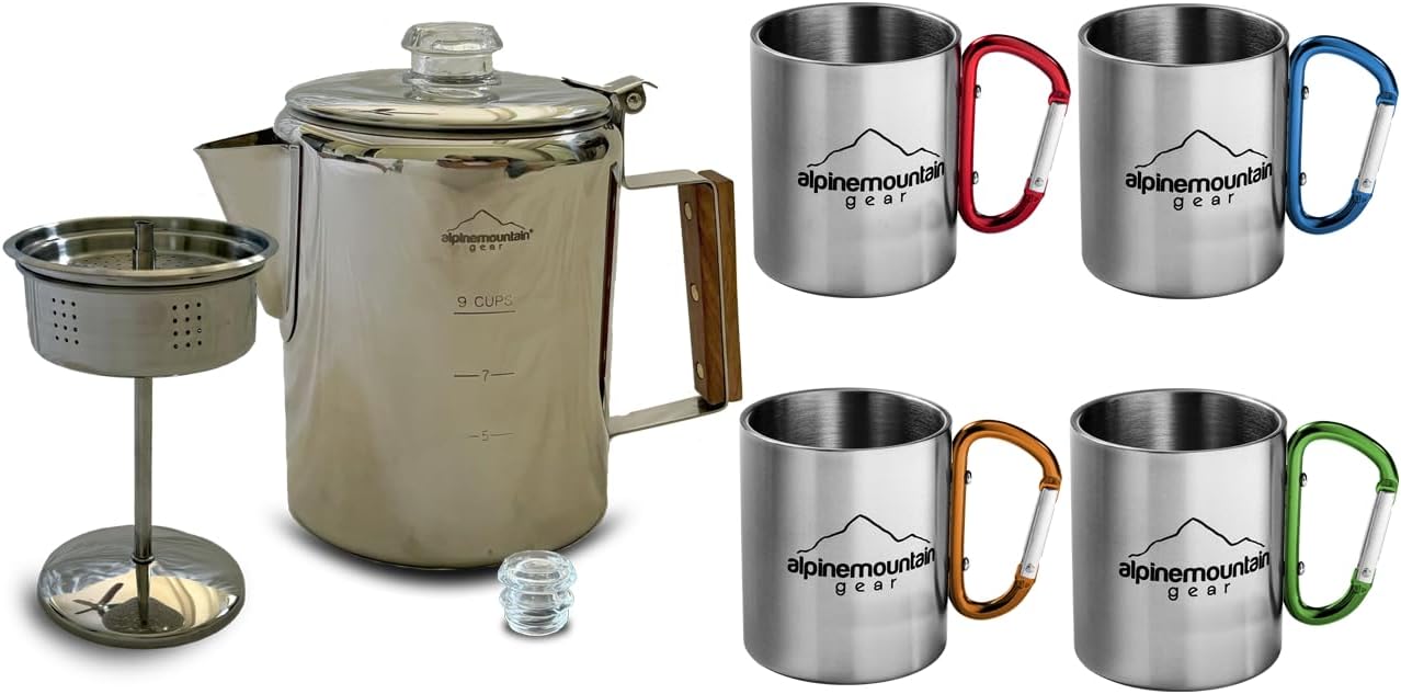 Alpine Mountain Gear 9-Cup Coffee Percolator Set with 4 Mugs