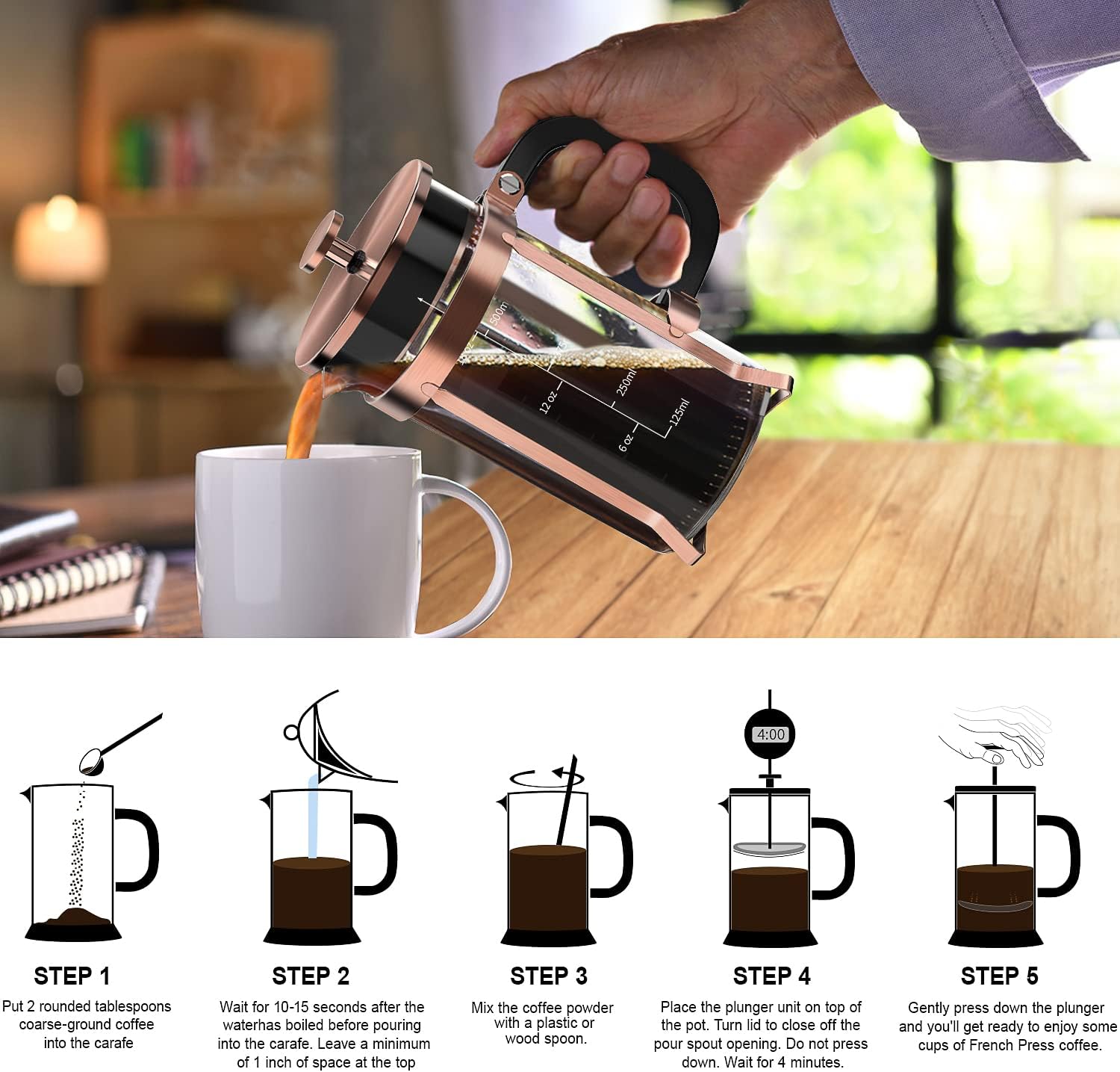 QUQIYSO Stainless Steel French Press Coffee Maker