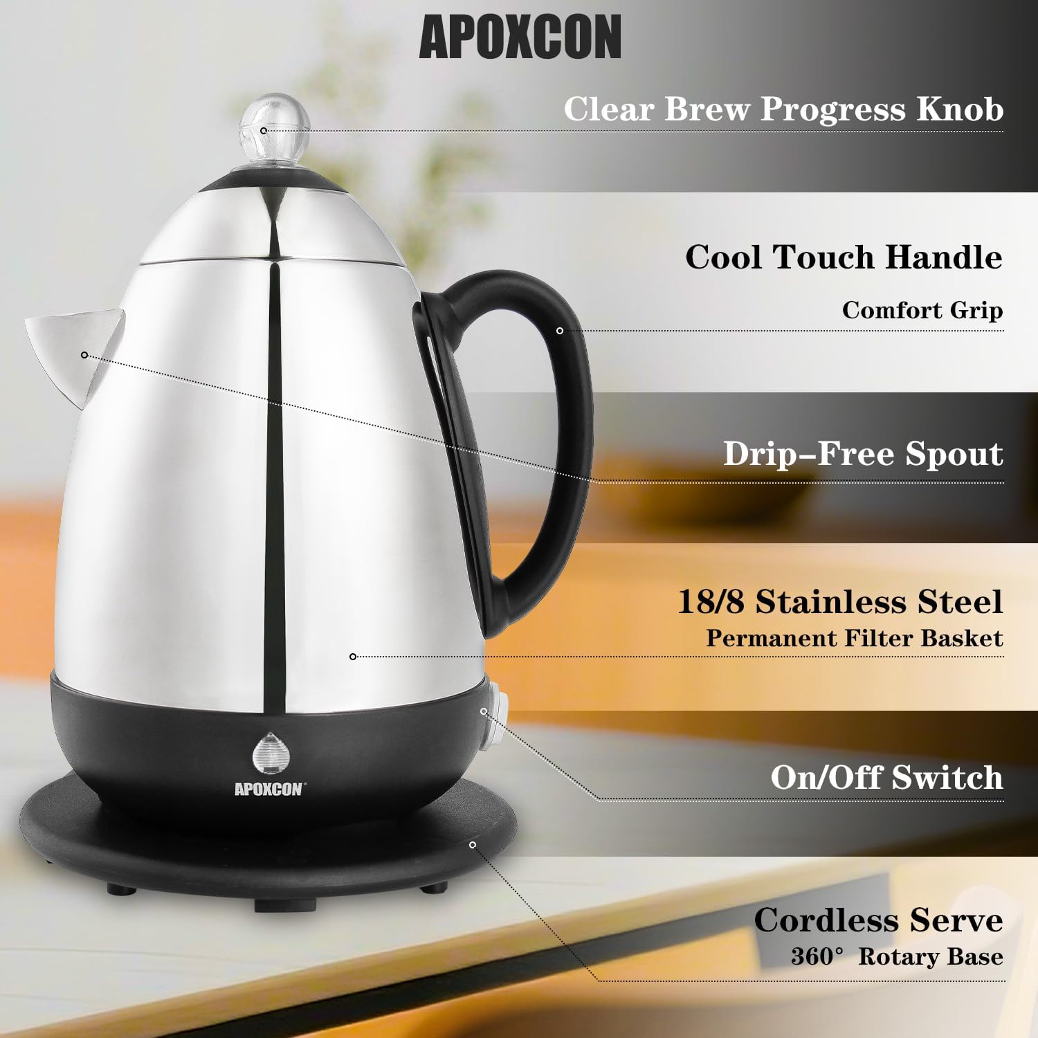 APOXCON Electric Coffee Percolator 10-Cup Stainless Steel Coffee Maker