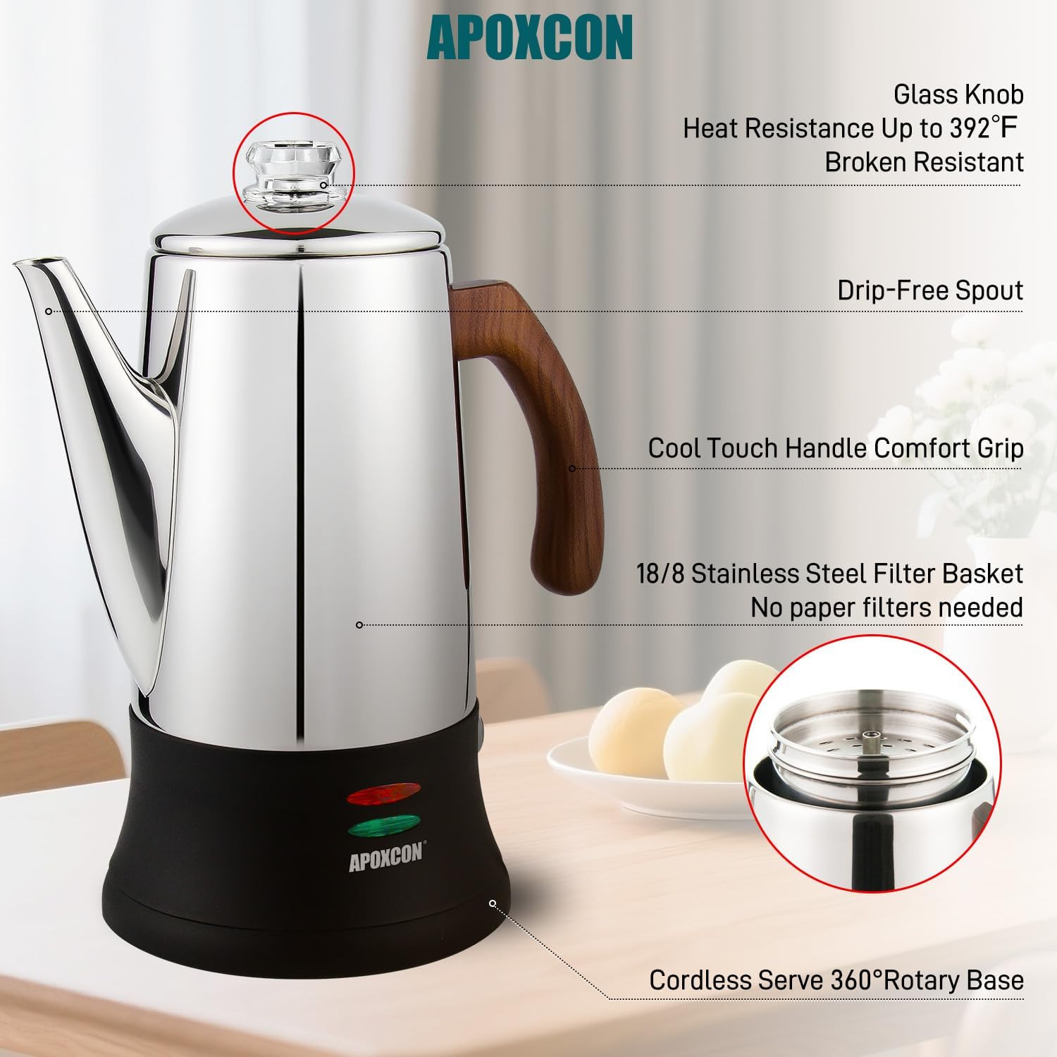 APOXCON Electric Coffee Percolator (8-Cup, Stainless Steel)