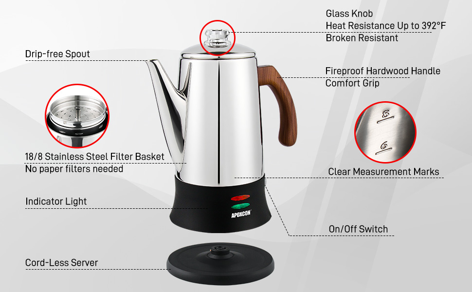 APOXCON Electric Coffee Percolator (8-Cup, Stainless Steel)