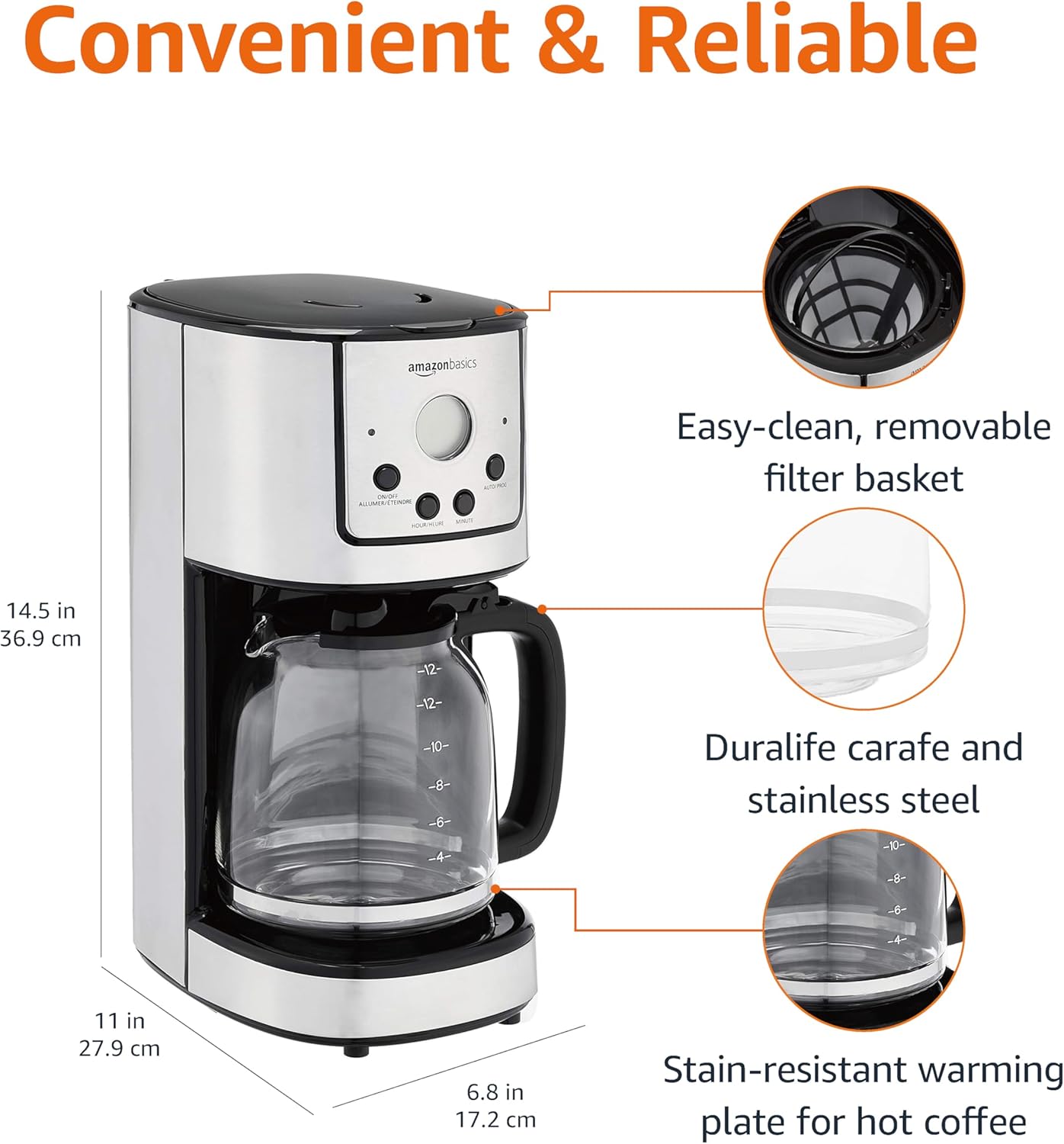 Amazon Basics 12-Cup Stainless Steel Programmable Coffeemaker